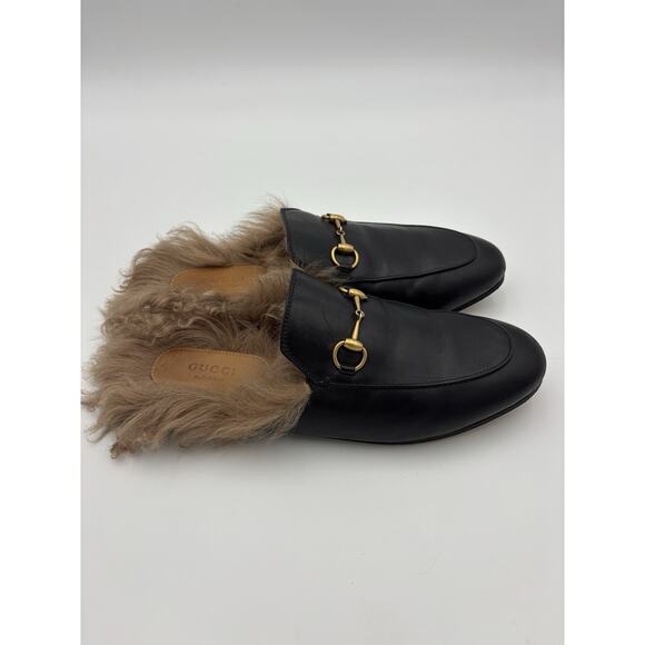 Gucci Princetown Horsebit Accent Black Leather Mules Fur Lined Size 9 39 Loafers - Picture 7 of 16